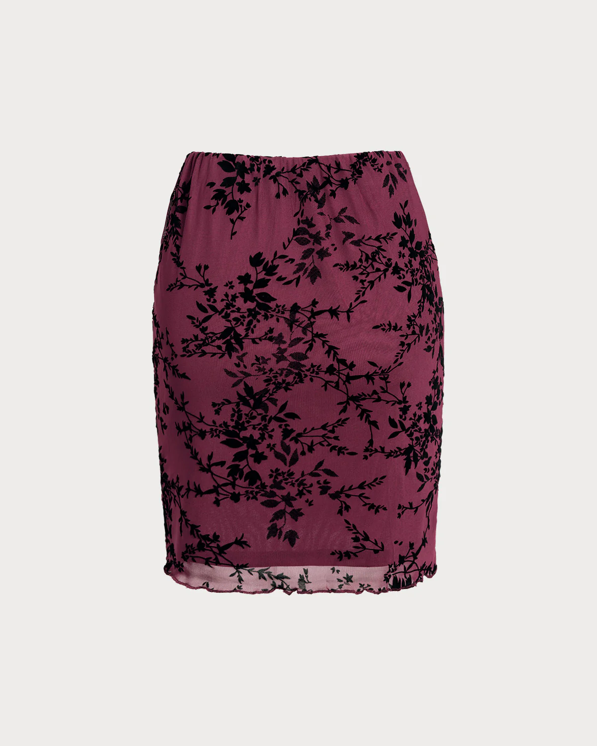 Wine Red Elastic Waist Floral Mini Skirt - Image 6
