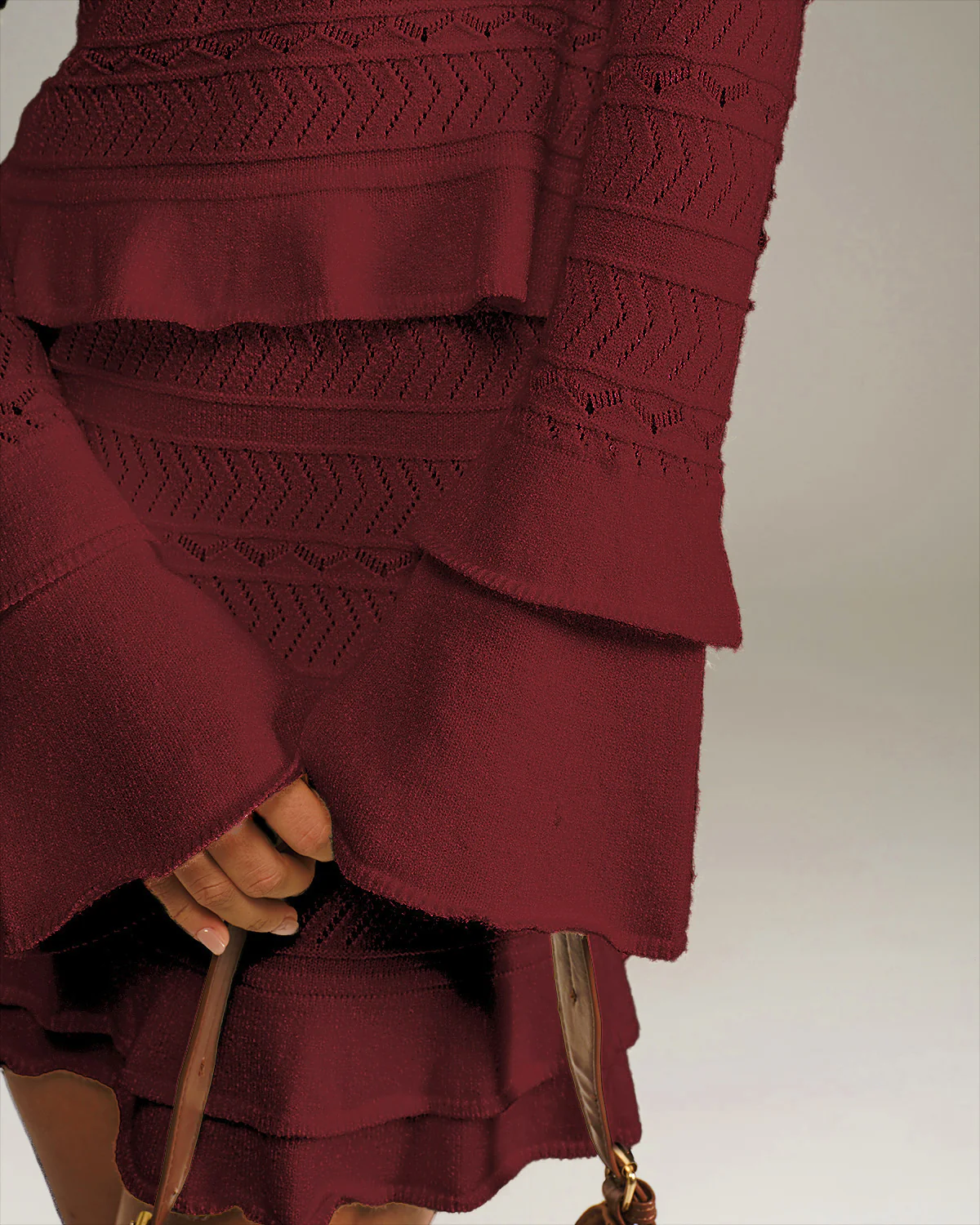 Wine Red Elegant Bell Sleeve Knit Tee - Image 2