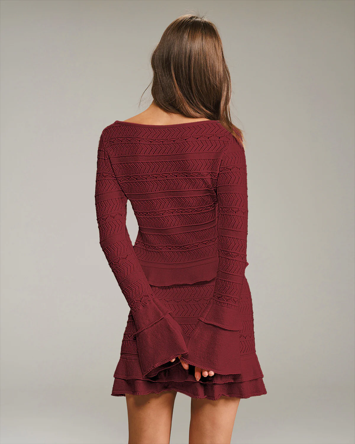 Wine Red Elegant Bell Sleeve Knit Tee - Image 3