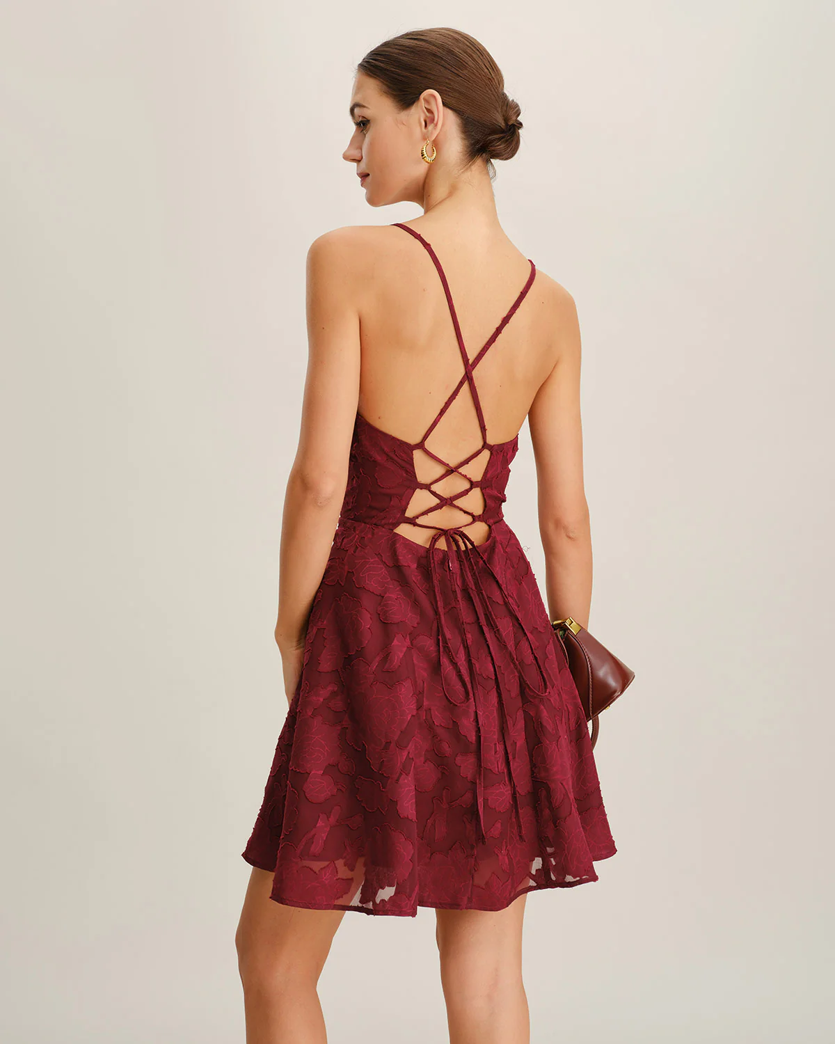 Wine Red Floral Backless Slip Mini Dress - Image 3