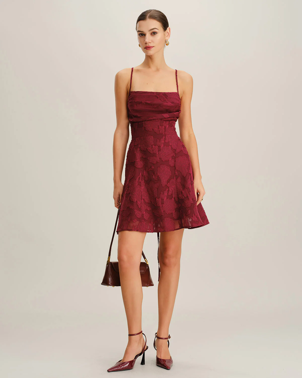 Wine Red Floral Backless Slip Mini Dress - Image 4