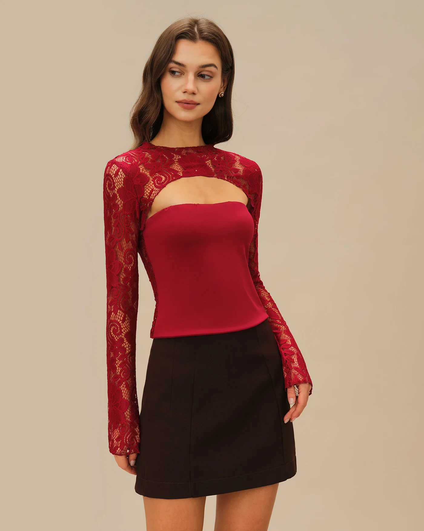 Wine Red Floral Lace Tee - Image 3
