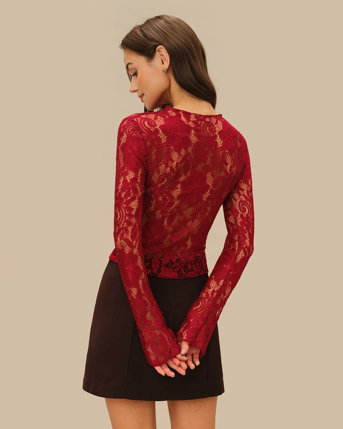 Wine Red Floral Lace Tee - Image 4