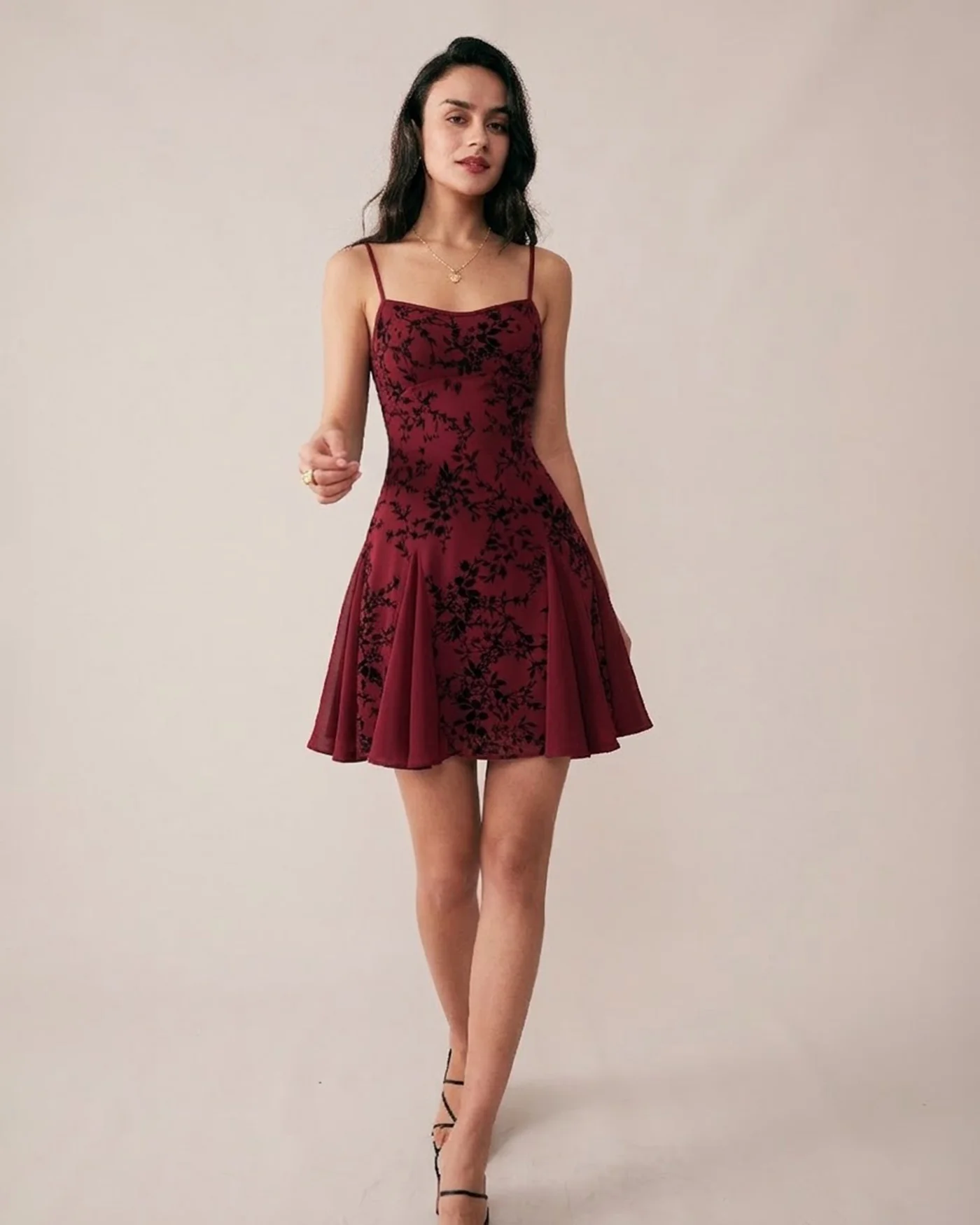 Wine Red Floral Mini Dress - Image 3