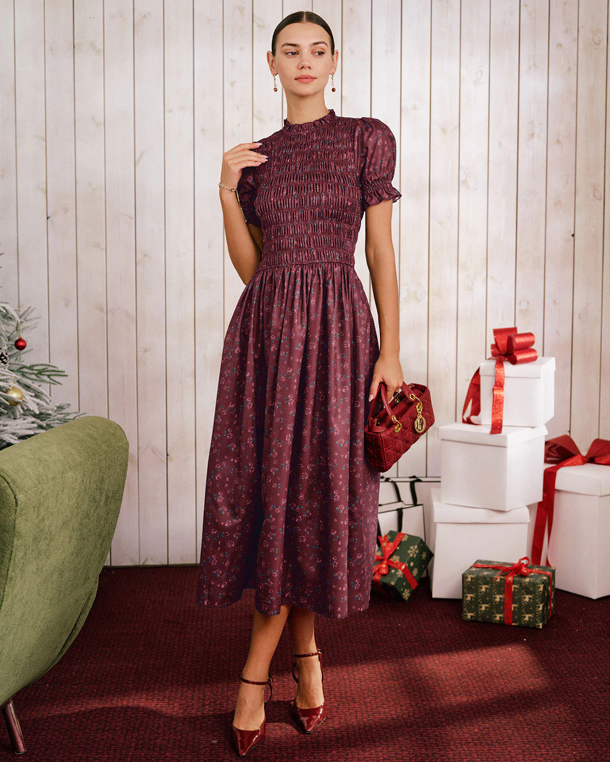 Wine Red Floral Shirred Puffed Sleeve Midi Dress - Image 2