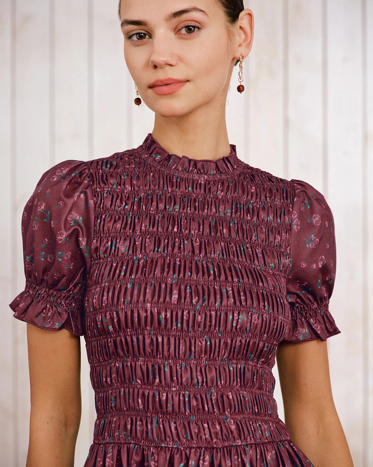 Wine Red Floral Shirred Puffed Sleeve Midi Dress - Image 3