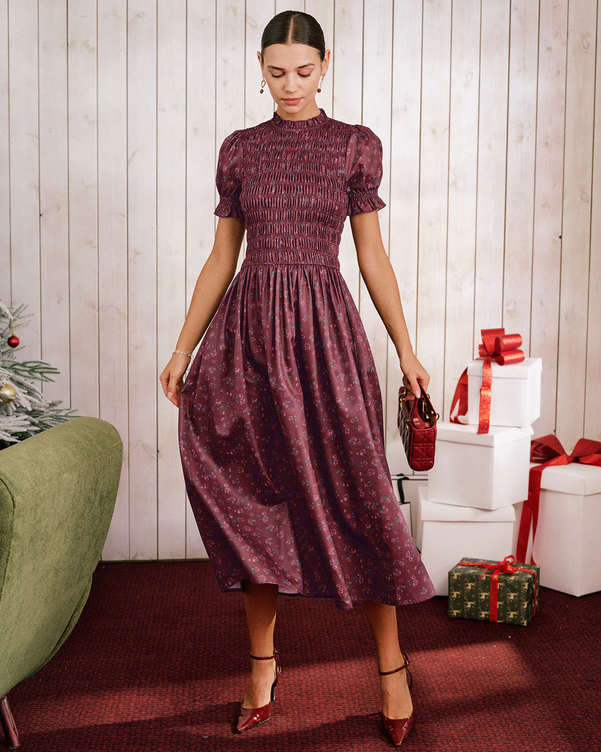 Wine Red Floral Shirred Puffed Sleeve Midi Dress - Image 4