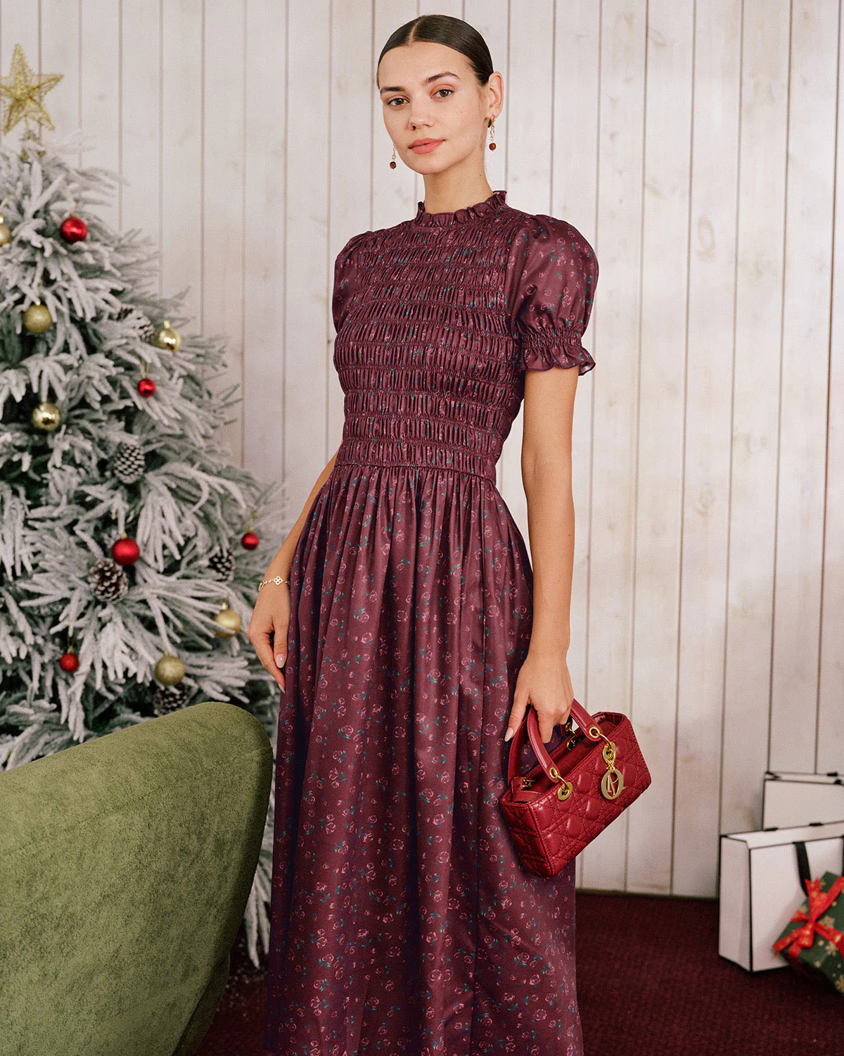 Wine Red Floral Shirred Puffed Sleeve Midi Dress - Image 5