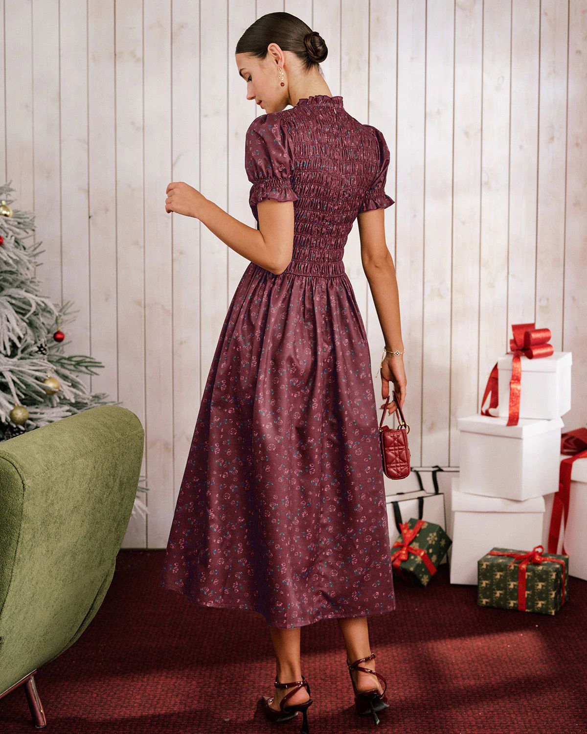 Wine Red Floral Shirred Puffed Sleeve Midi Dress - Image 6