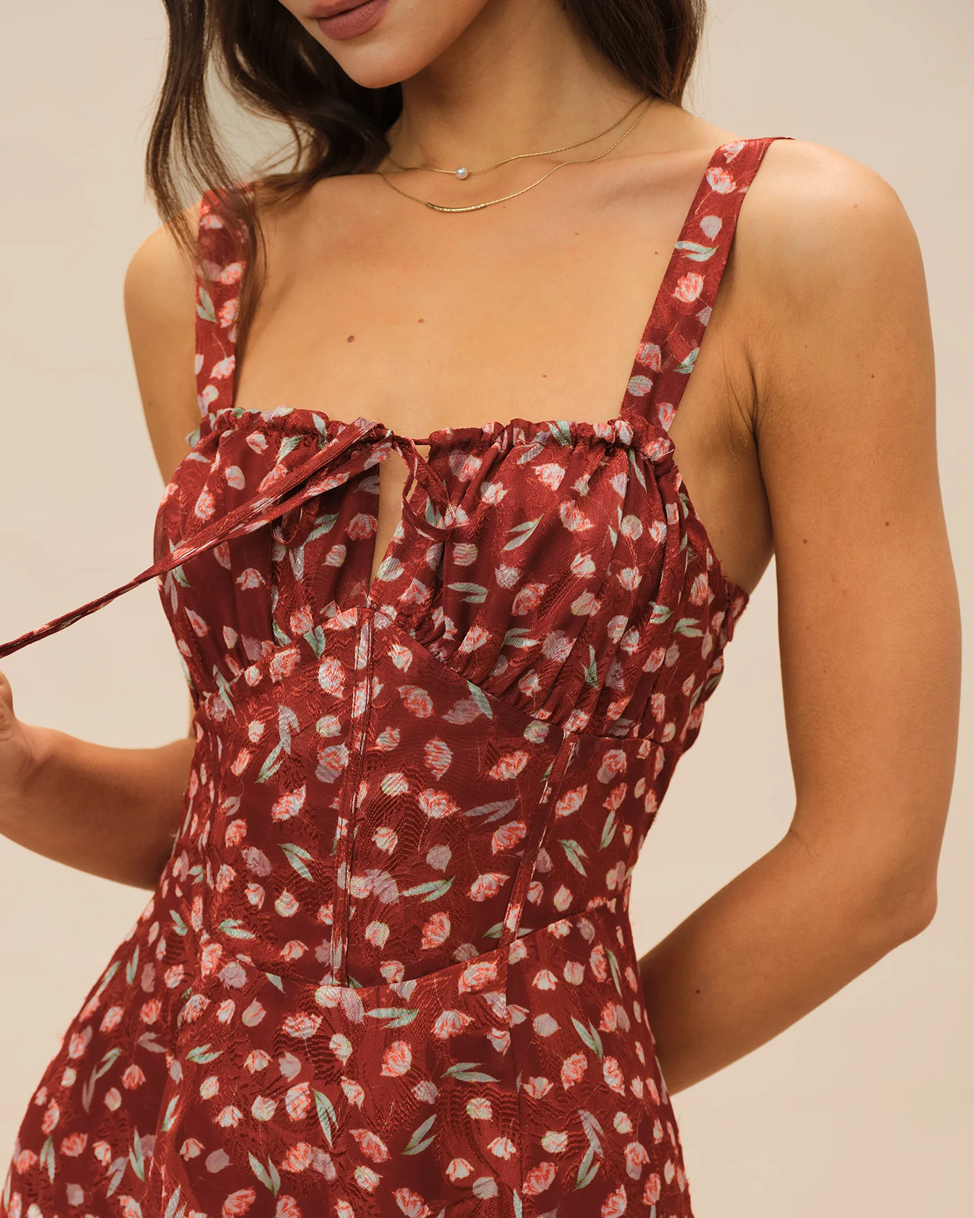 Wine Red Floral Slip Midi Dress - Image 2