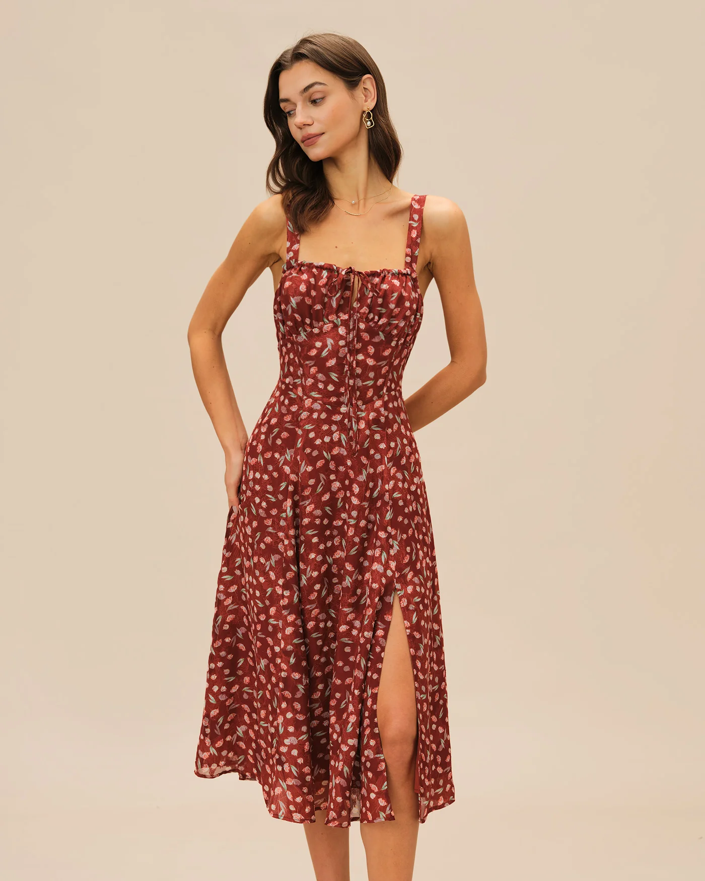 Wine Red Floral Slip Midi Dress - Image 3