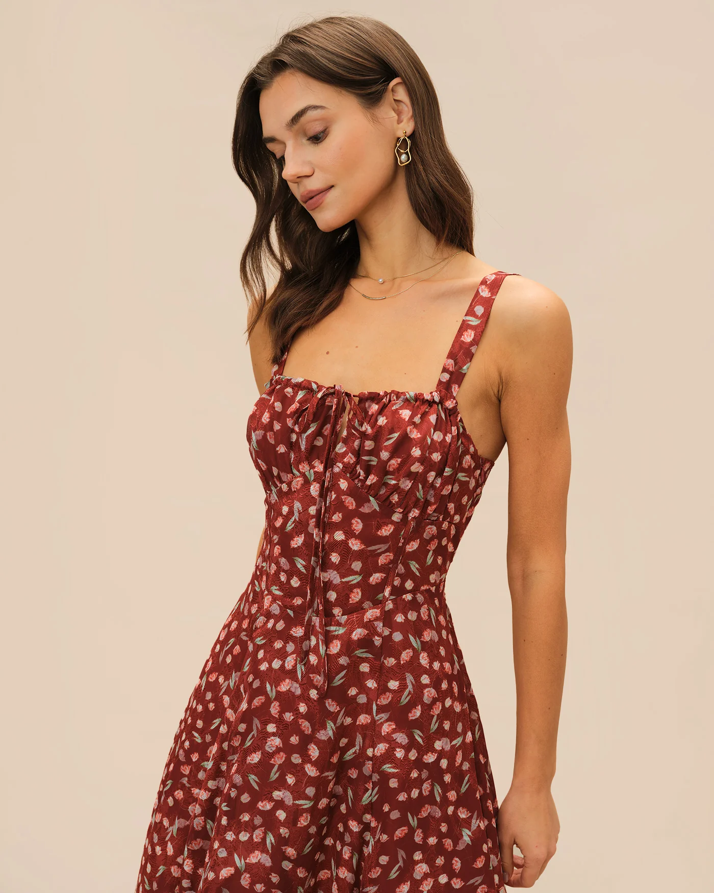 Wine Red Floral Slip Midi Dress - Image 4