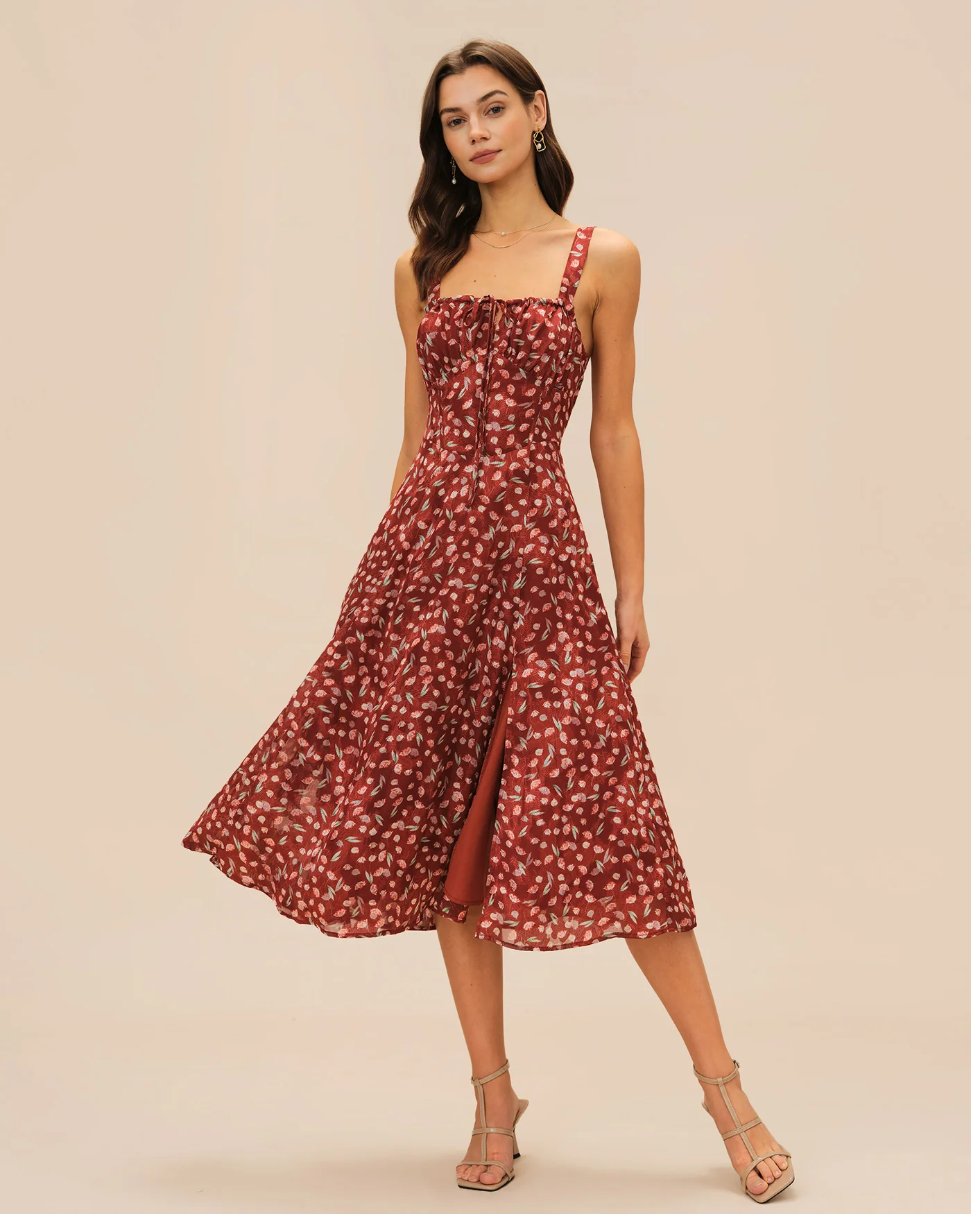 Wine Red Floral Slip Midi Dress - Image 5