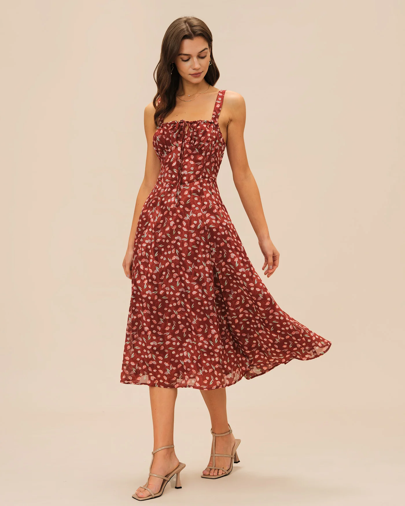Wine Red Floral Slip Midi Dress - Image 6