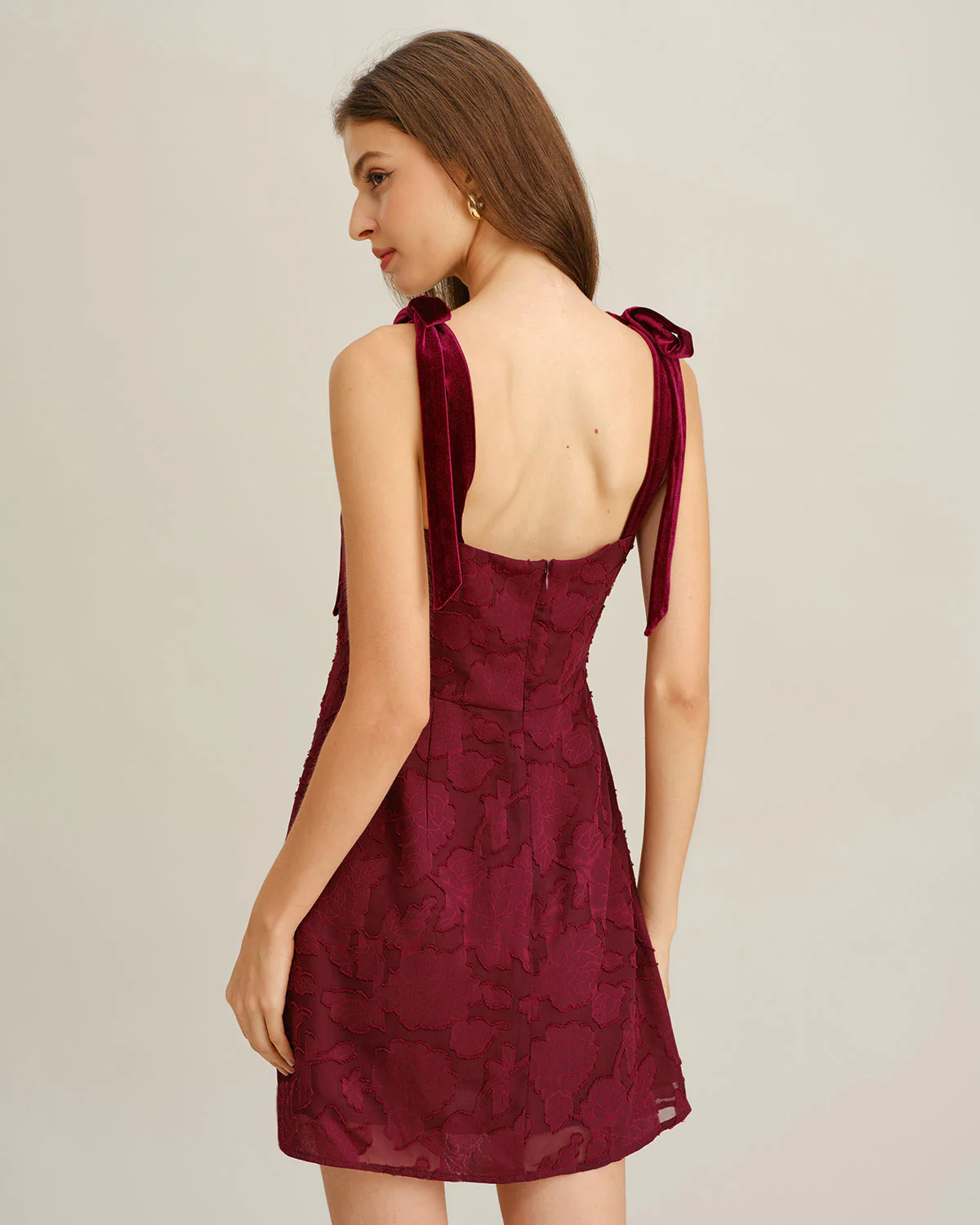 Wine Red Floral Tie Strap Mini Dress - Image 3