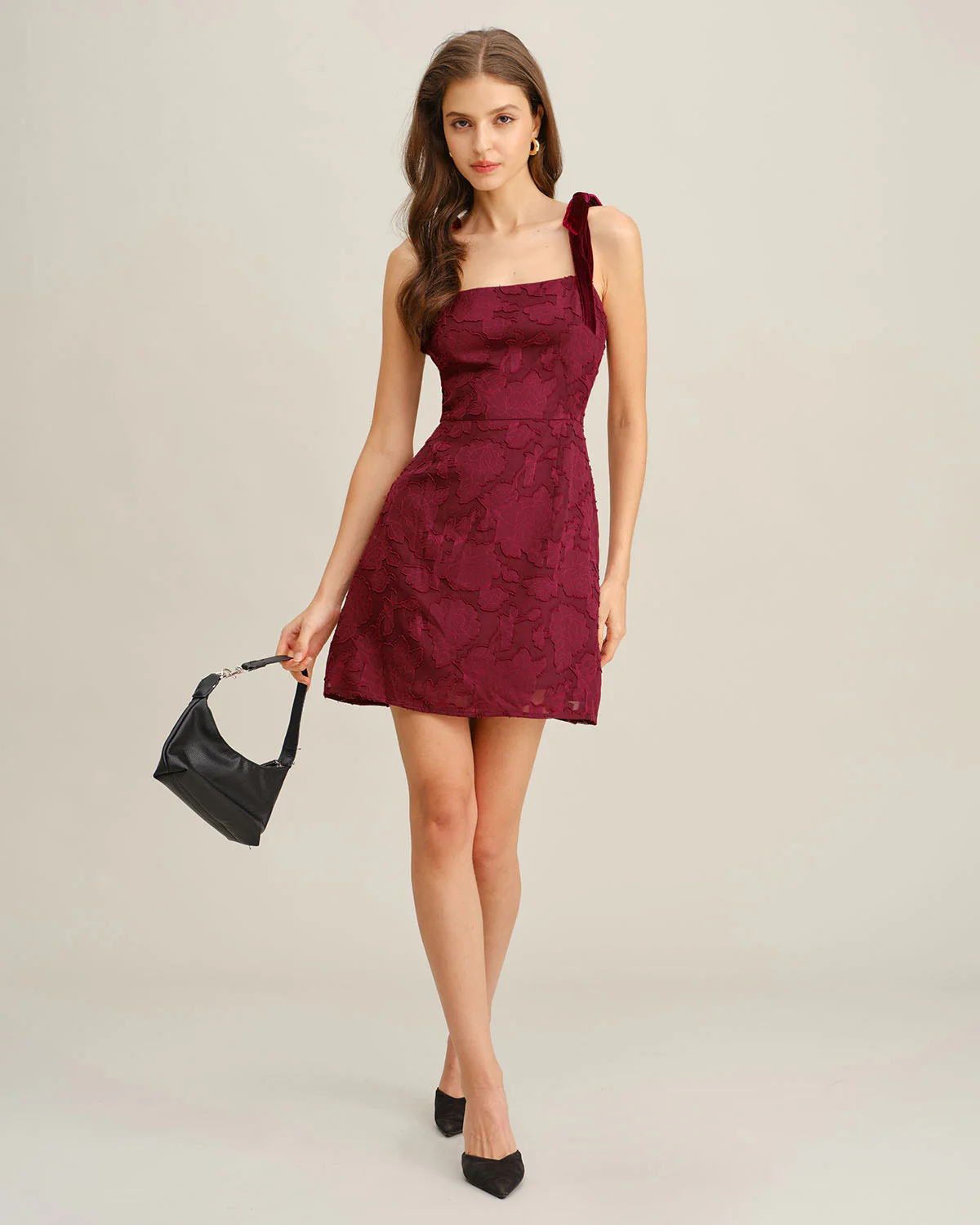 Wine Red Floral Tie Strap Mini Dress - Image 4