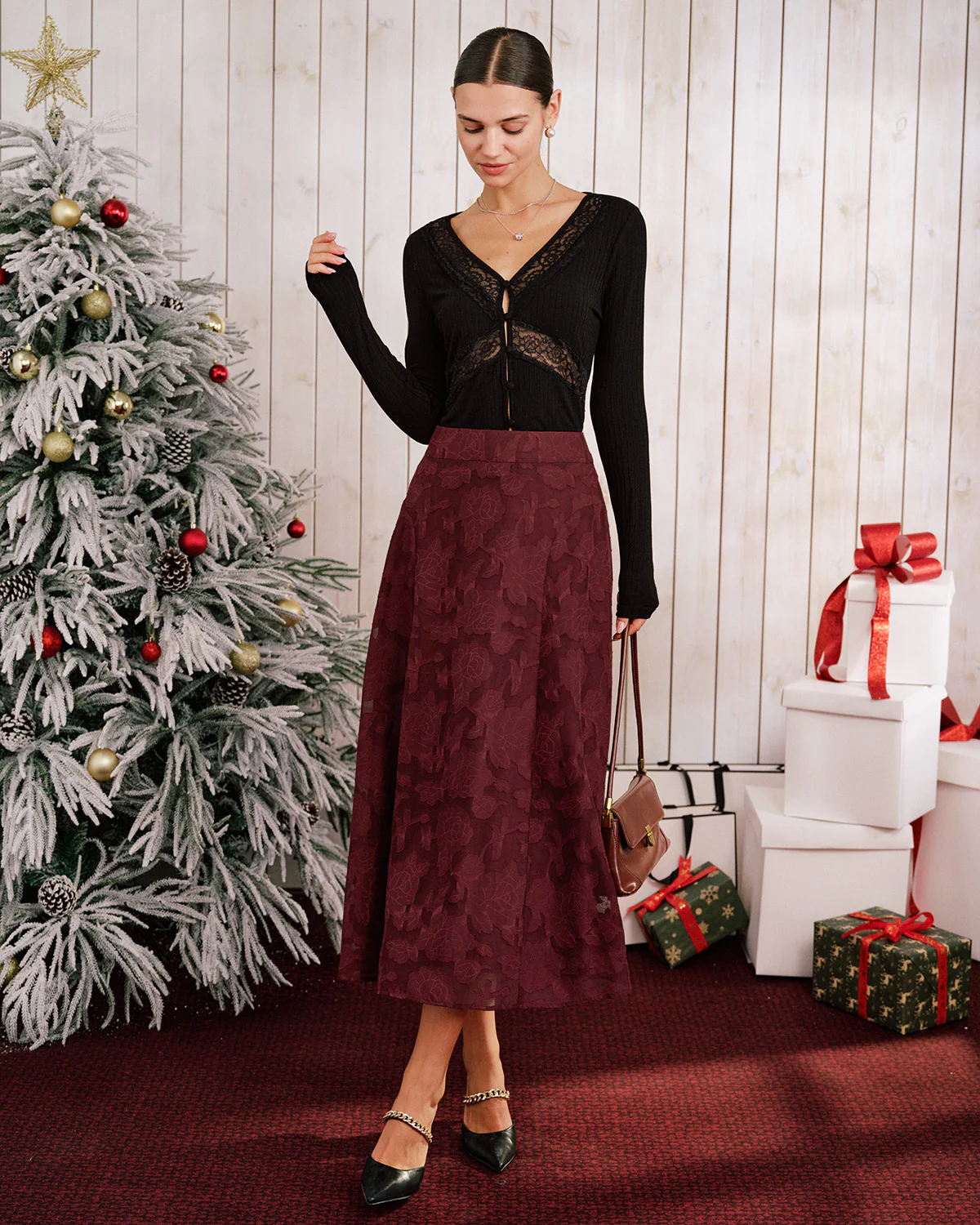 Wine Red Jacquard A-Line Midi Skirt - Image 4
