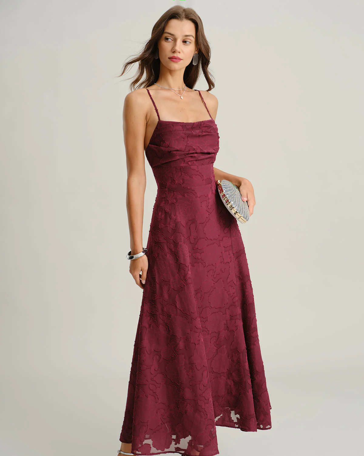 Wine Red Jacquard Slip Maxi Dress - Image 3