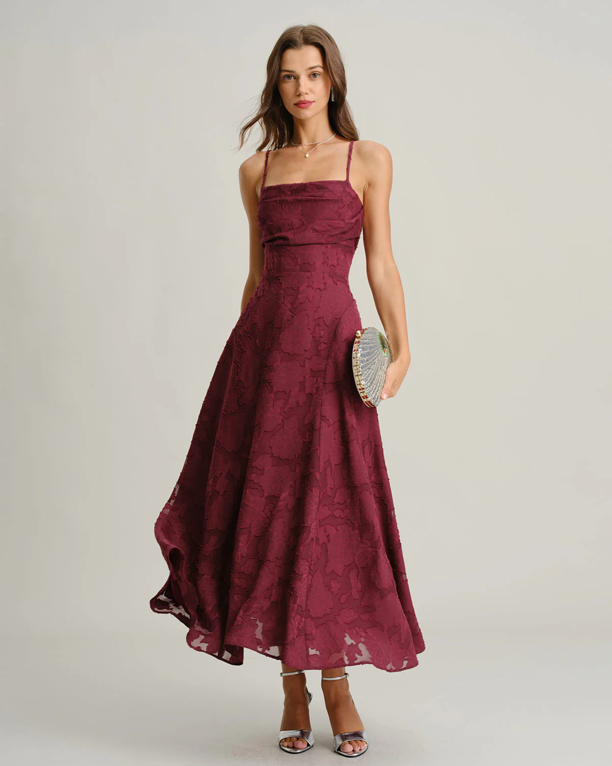 Wine Red Jacquard Slip Maxi Dress - Image 4