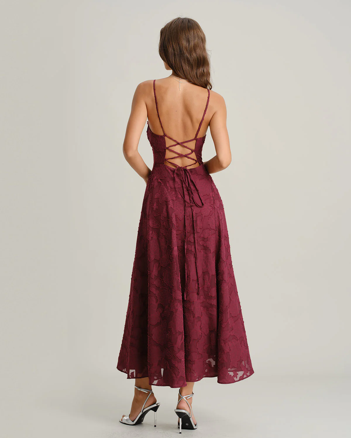 Wine Red Jacquard Slip Maxi Dress - Image 5