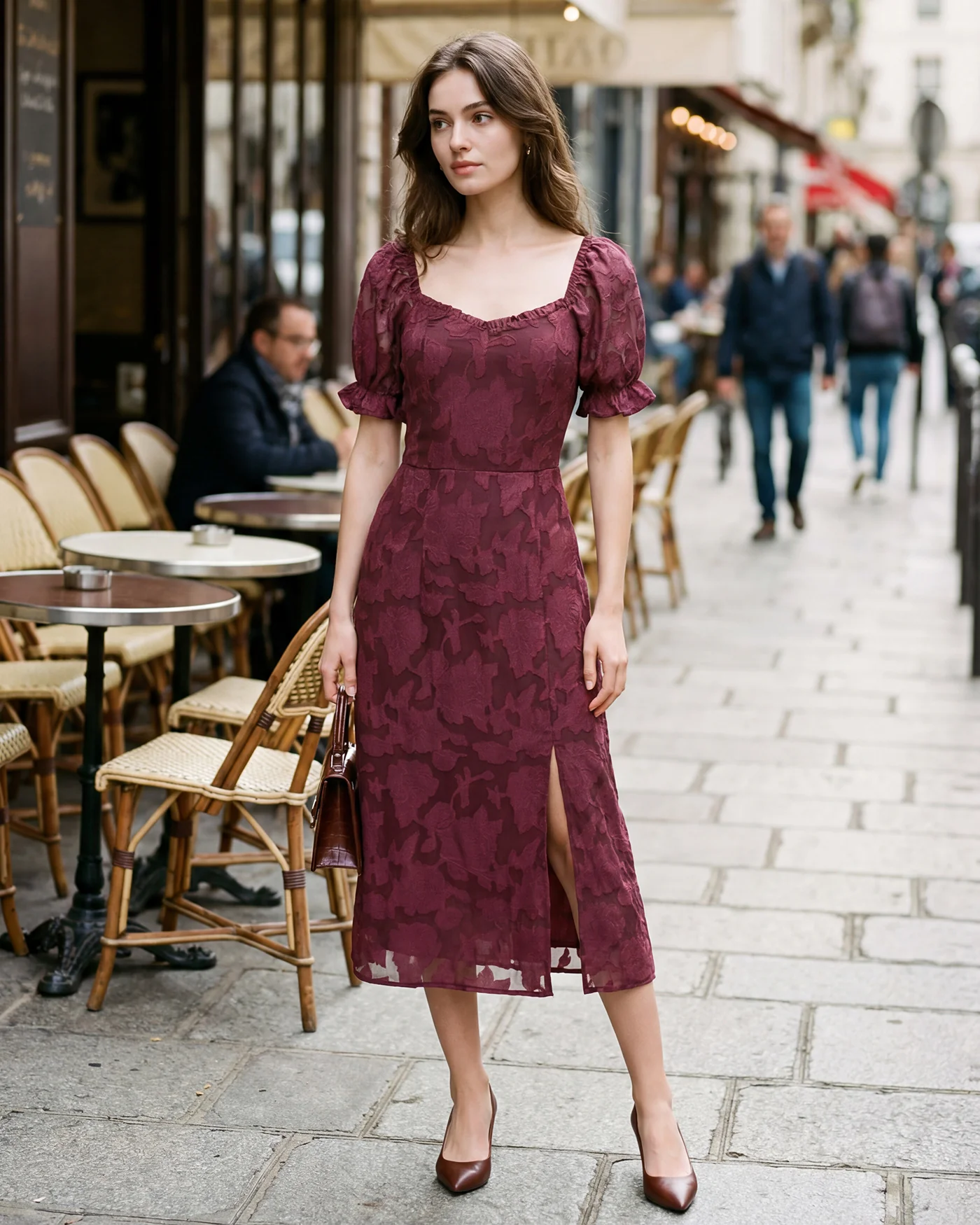 Wine Red Jacquard Slit Midi Dress - Image 2