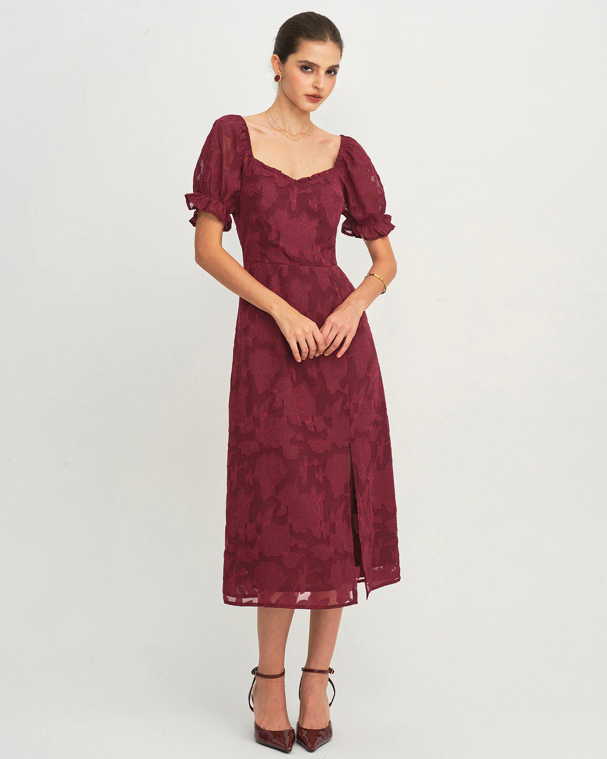 Wine Red Jacquard Slit Midi Dress - Image 3