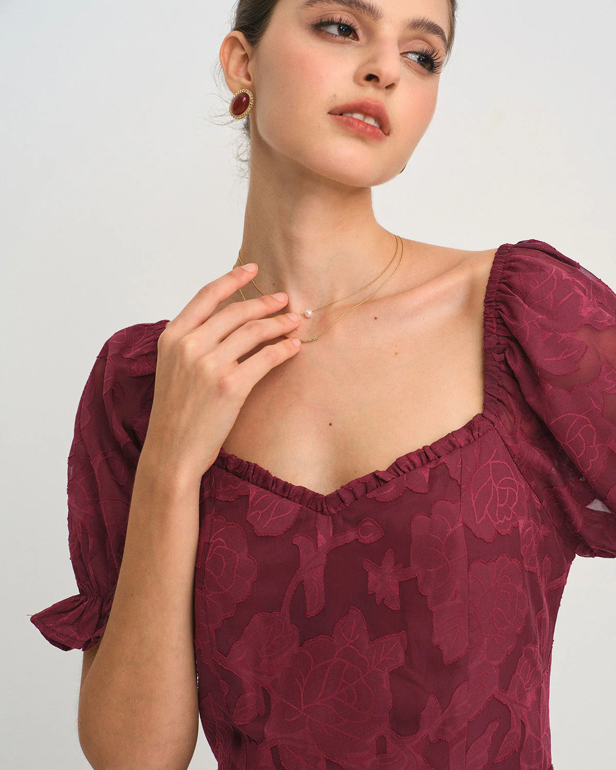 Wine Red Jacquard Slit Midi Dress - Image 4