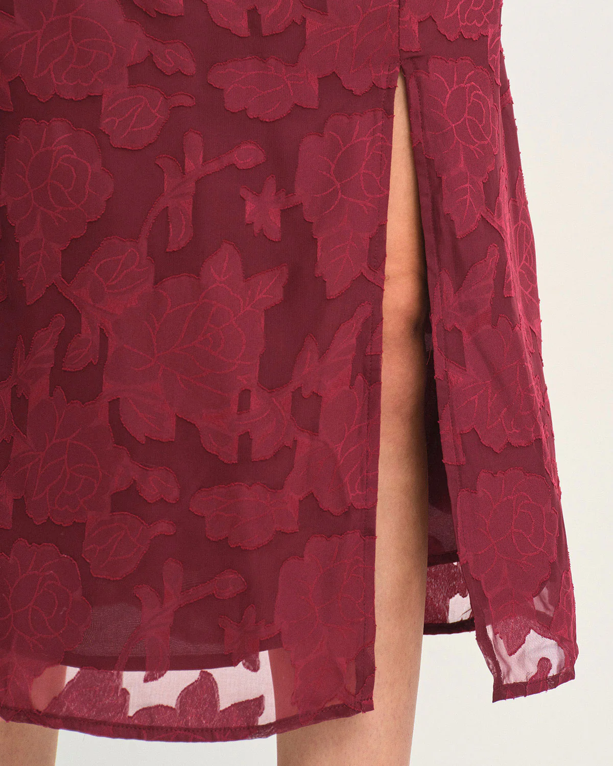 Wine Red Jacquard Slit Midi Dress - Image 5