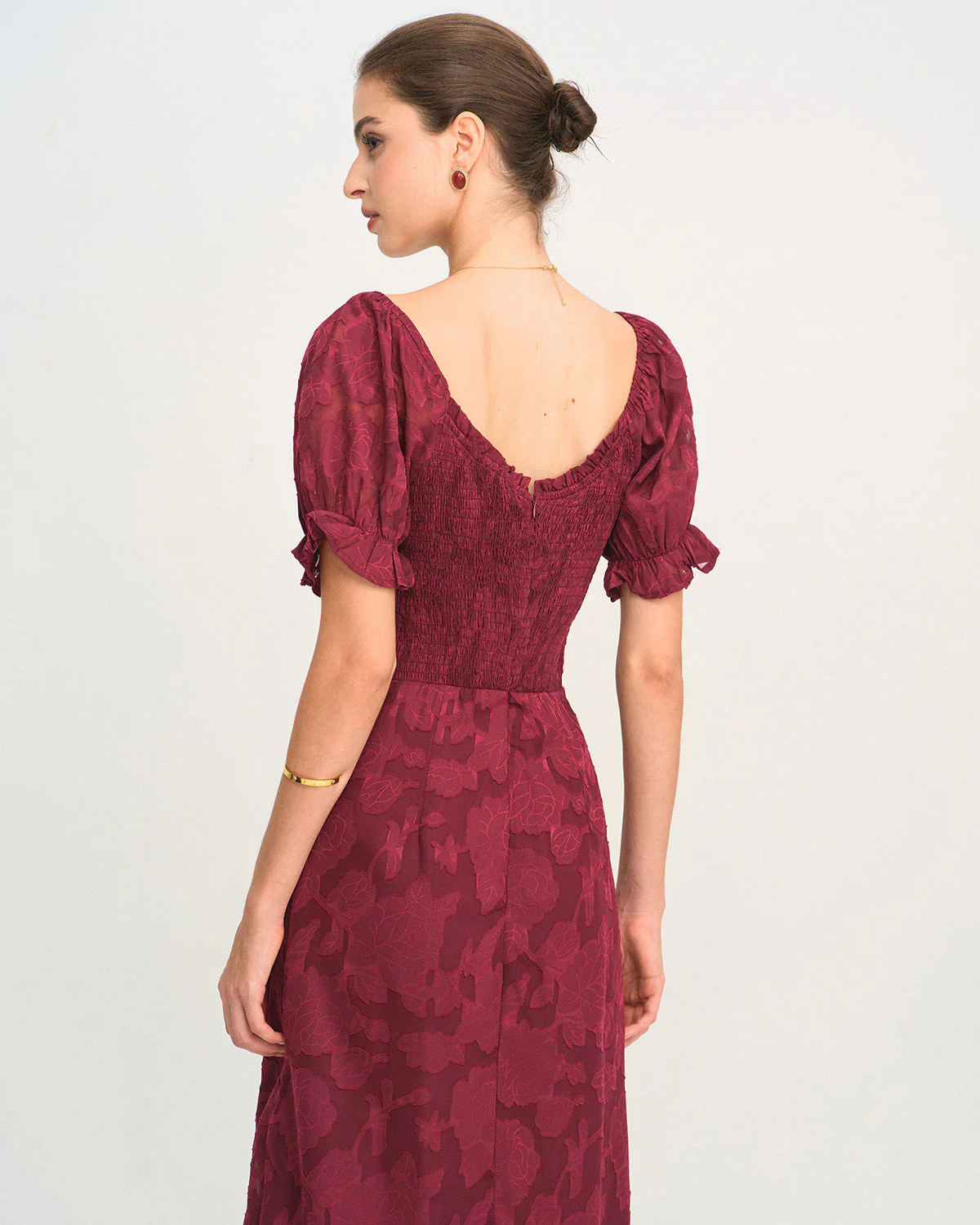 Wine Red Jacquard Slit Midi Dress - Image 6