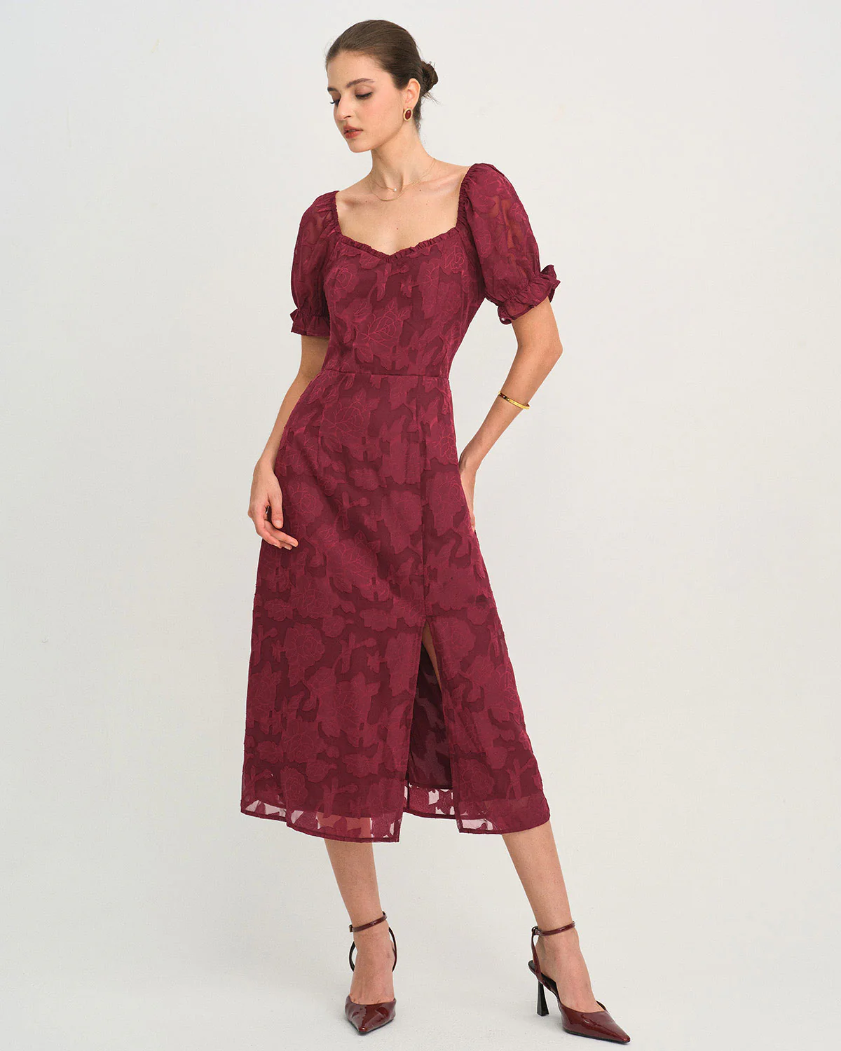 Wine Red Jacquard Slit Midi Dress - Image 7