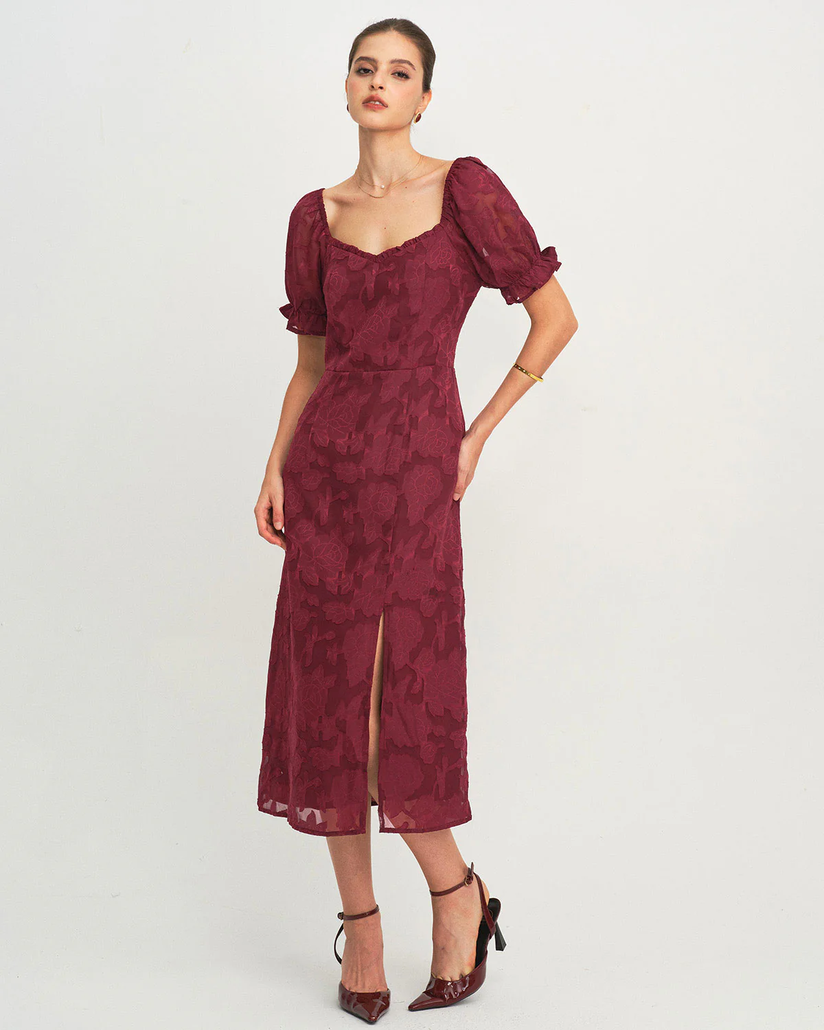 Wine Red Jacquard Slit Midi Dress - Image 8