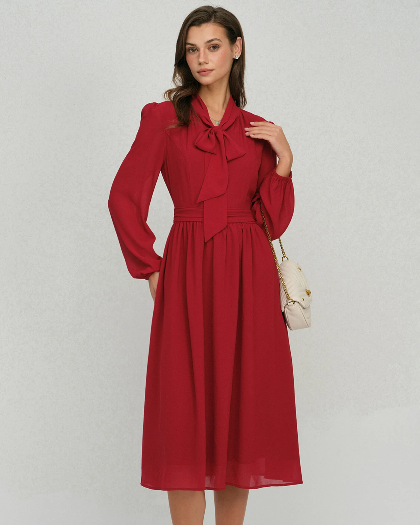 Wine Red Lantern Sleeve Chiffon Midi Dress - Image 2