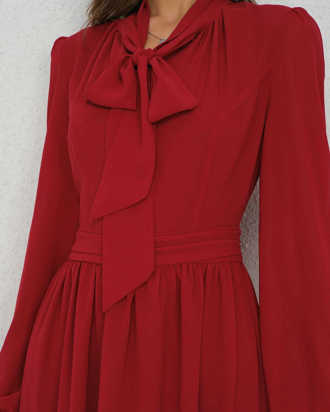 Wine Red Lantern Sleeve Chiffon Midi Dress - Image 3
