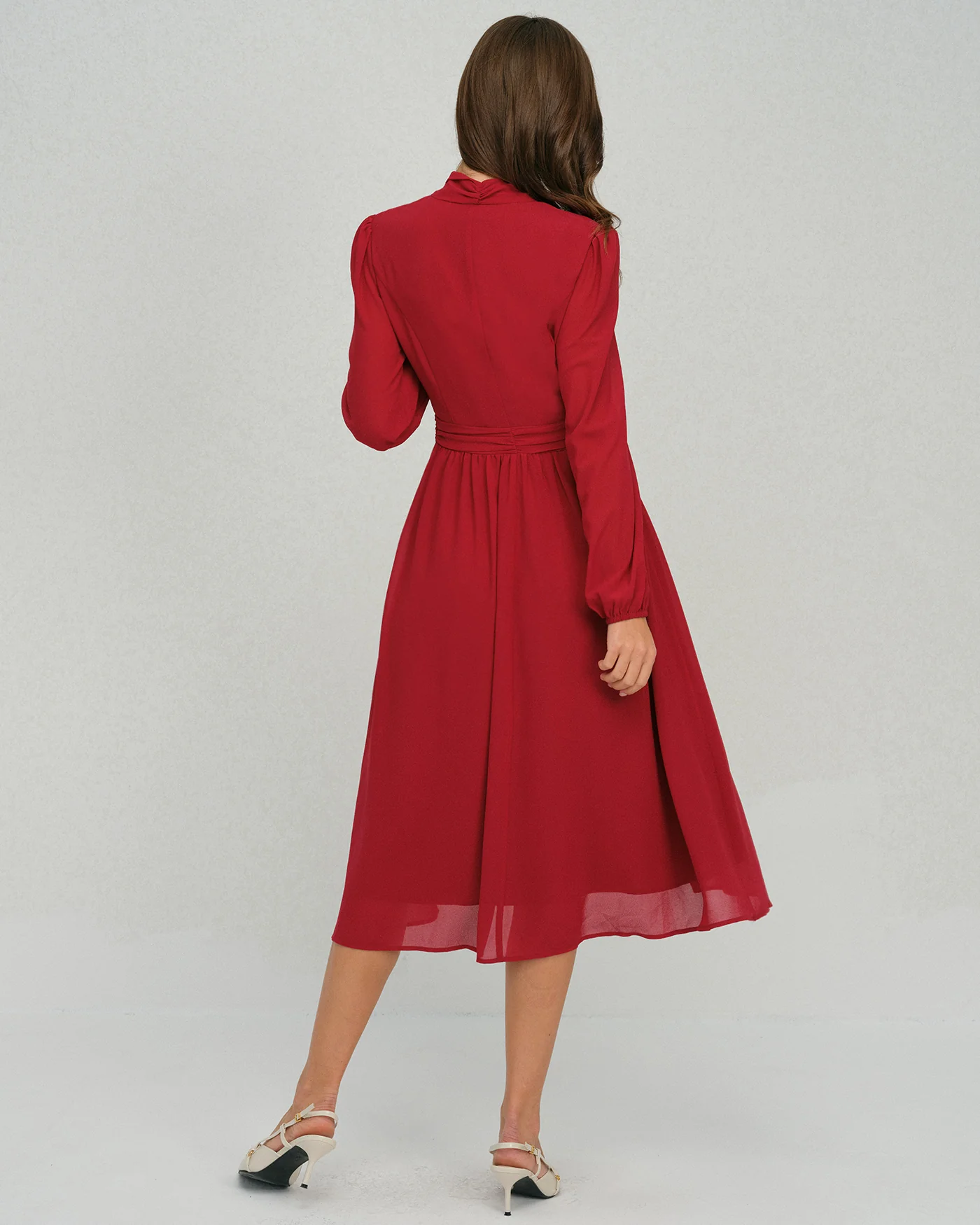 Wine Red Lantern Sleeve Chiffon Midi Dress - Image 4