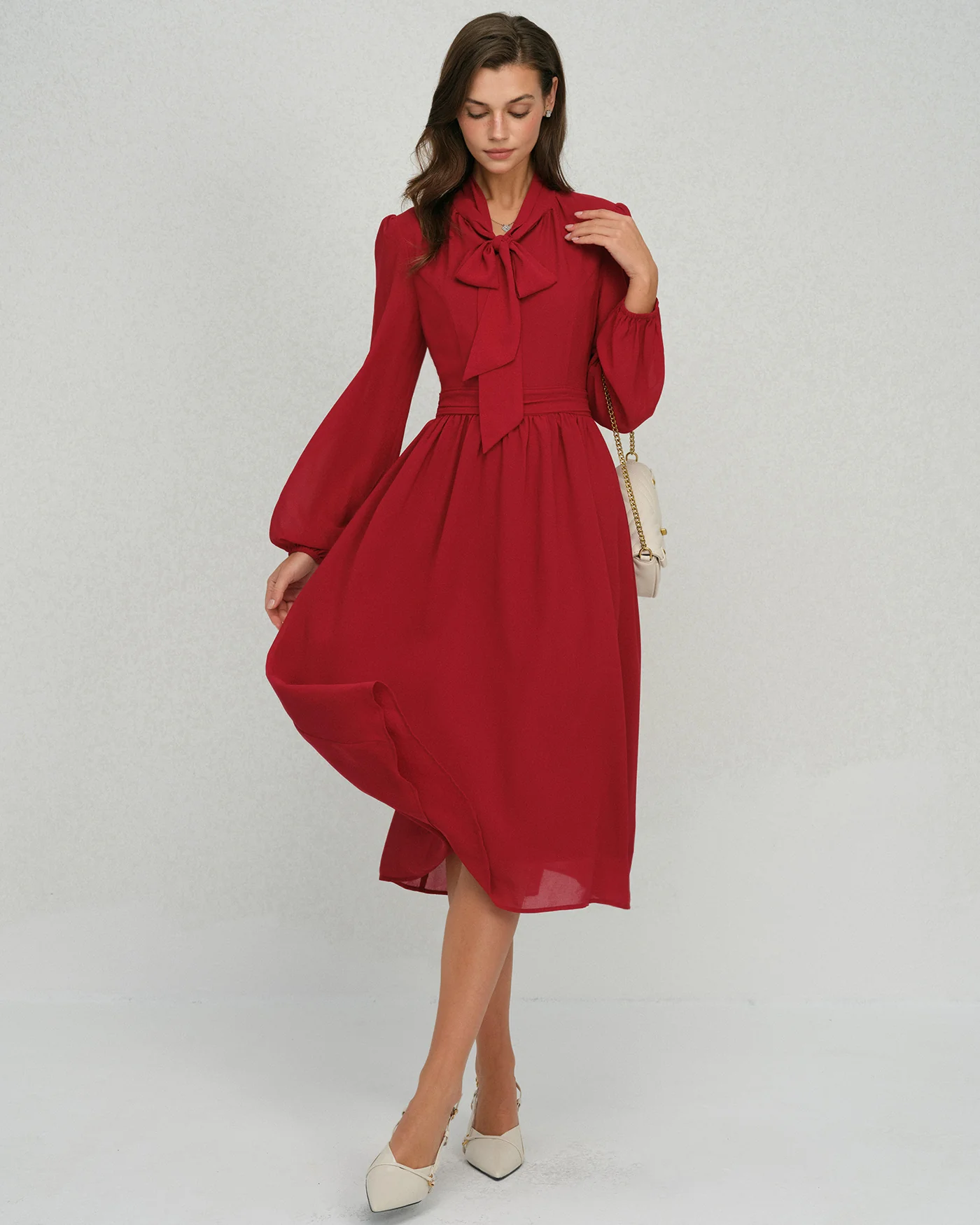 Wine Red Lantern Sleeve Chiffon Midi Dress - Image 5
