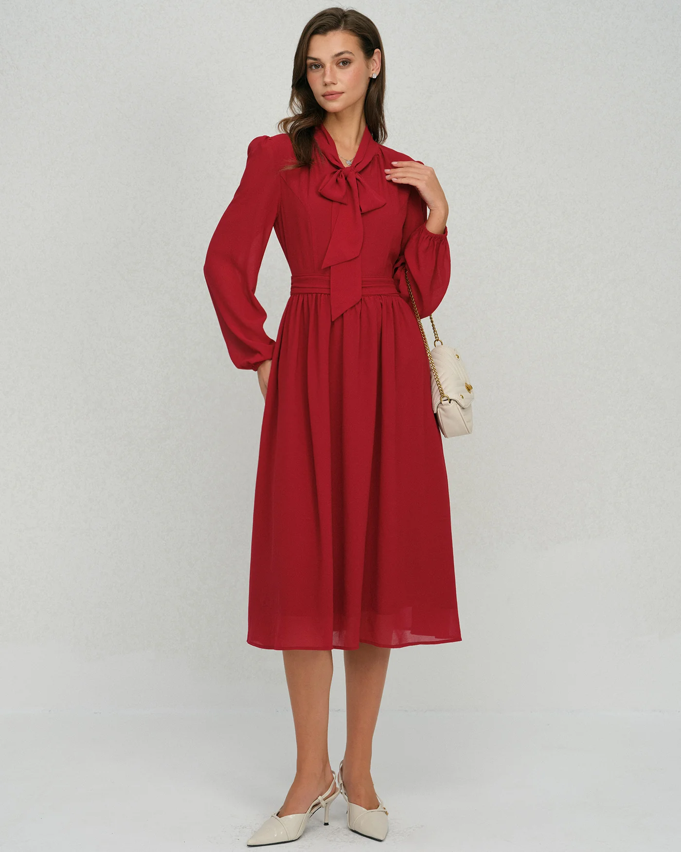 Wine Red Lantern Sleeve Chiffon Midi Dress - Image 6