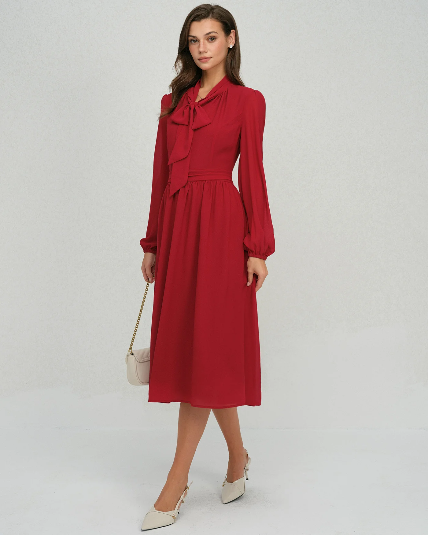 Wine Red Lantern Sleeve Chiffon Midi Dress - Image 7