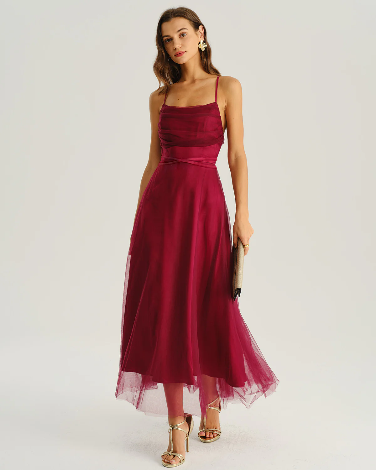 Wine Red Mesh Flowy Slip Midi Dress - Image 3