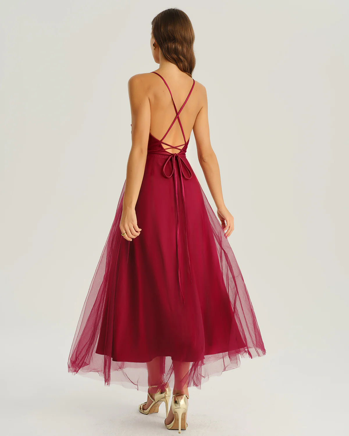 Wine Red Mesh Flowy Slip Midi Dress - Image 4