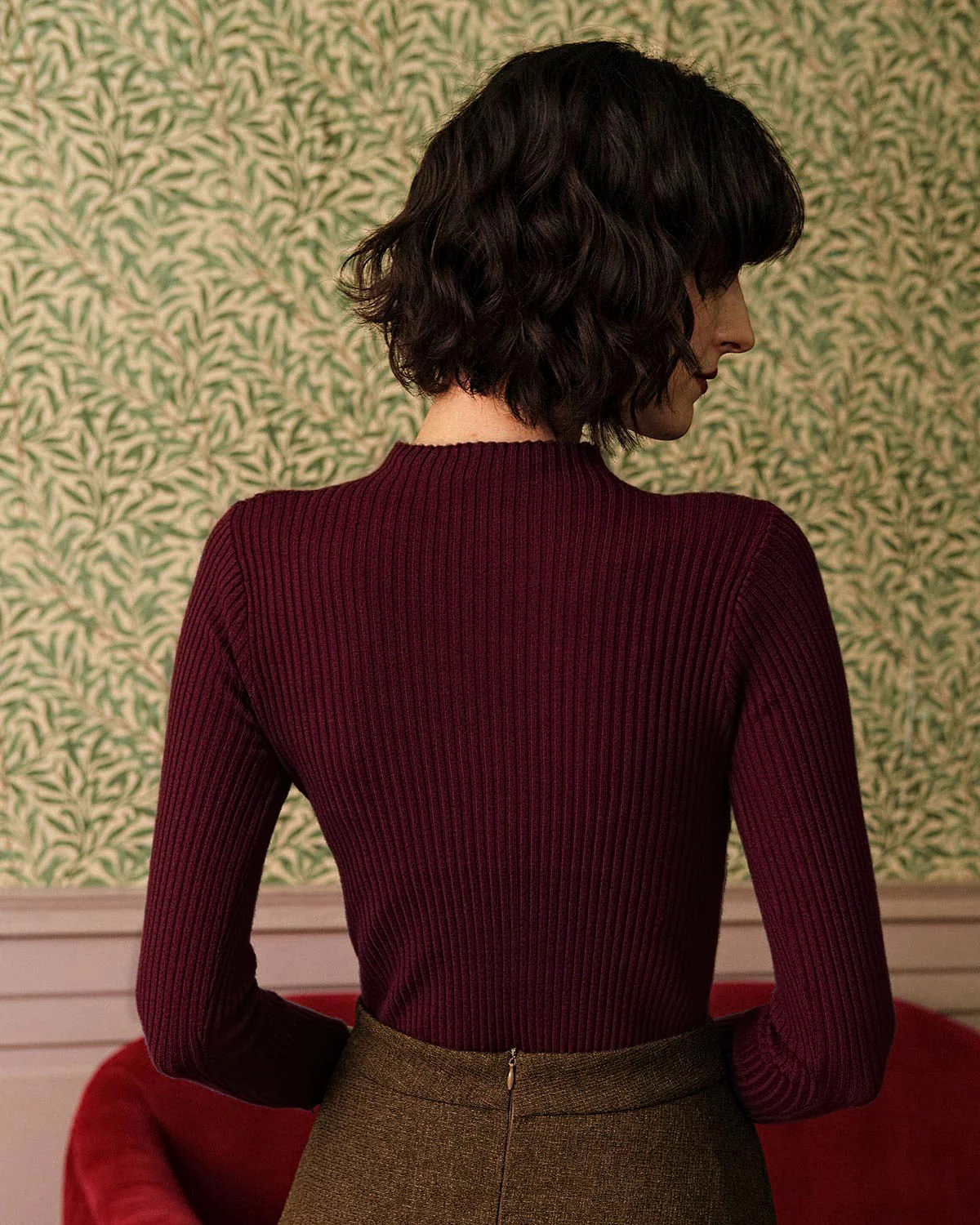 Wine Red Mock Neck Ribbed Knit Tee - Image 3
