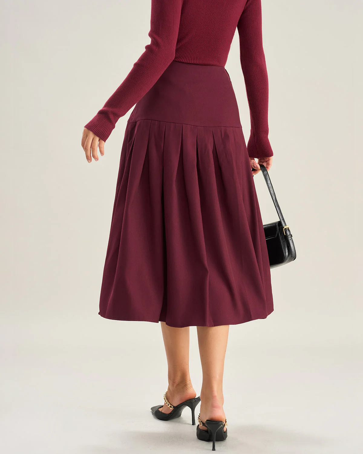 Wine Red Natural Waisted Pleated Midi Skirt - Image 2