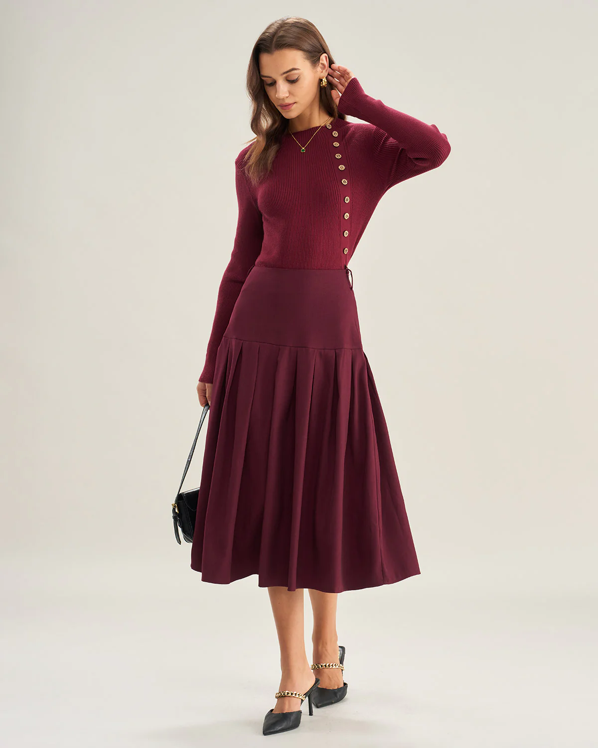 Wine Red Natural Waisted Pleated Midi Skirt - Image 3