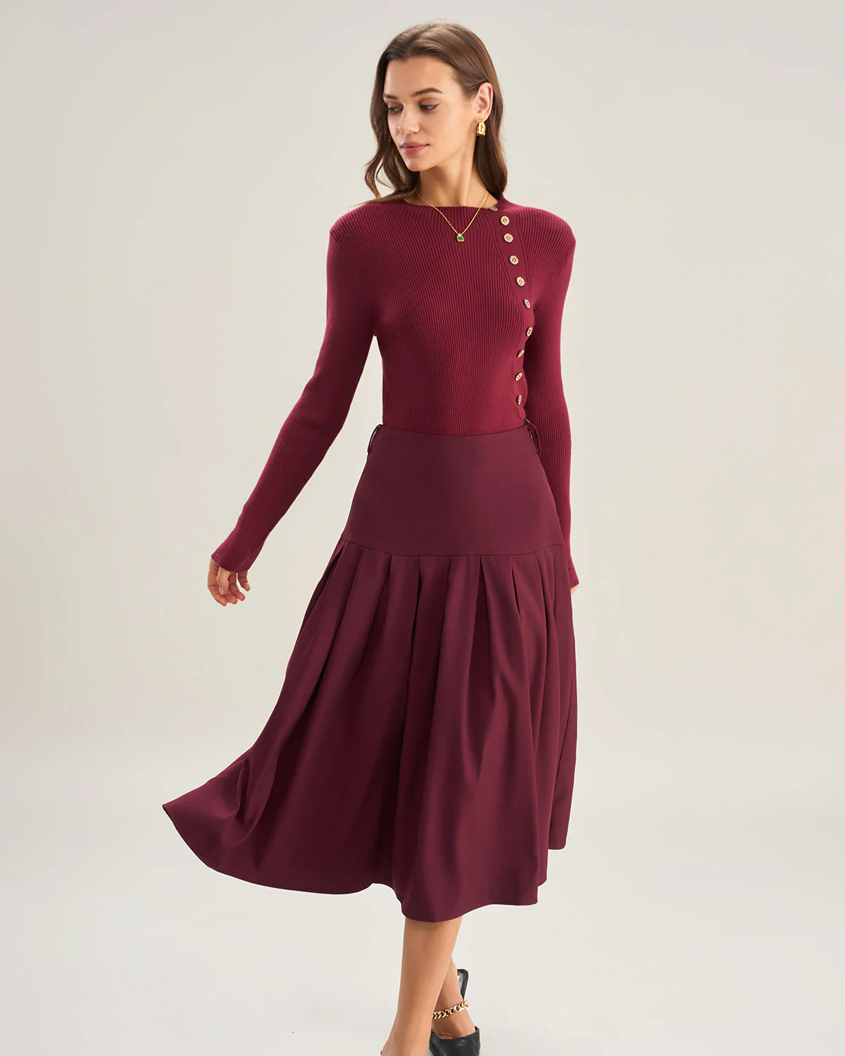 Wine Red Natural Waisted Pleated Midi Skirt - Image 4