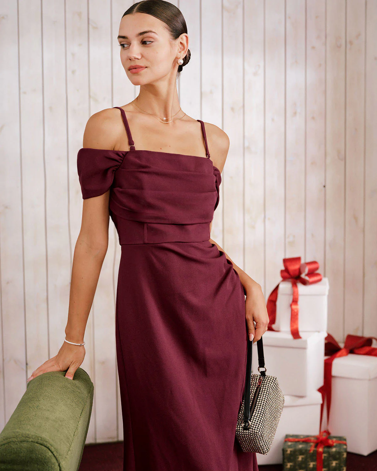 Wine Red Off The Shoulder Maxi Dress - Image 2