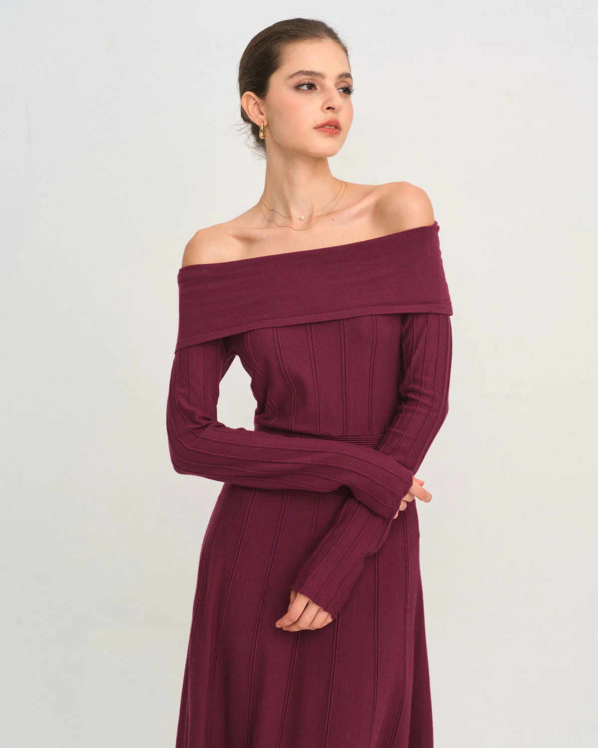 Wine Red Off The Shoulder Sweater Dress - Image 2