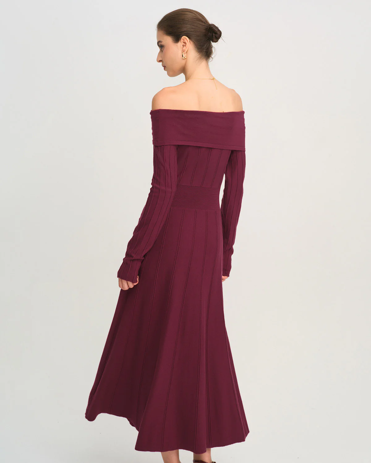 Wine Red Off The Shoulder Sweater Dress - Image 3