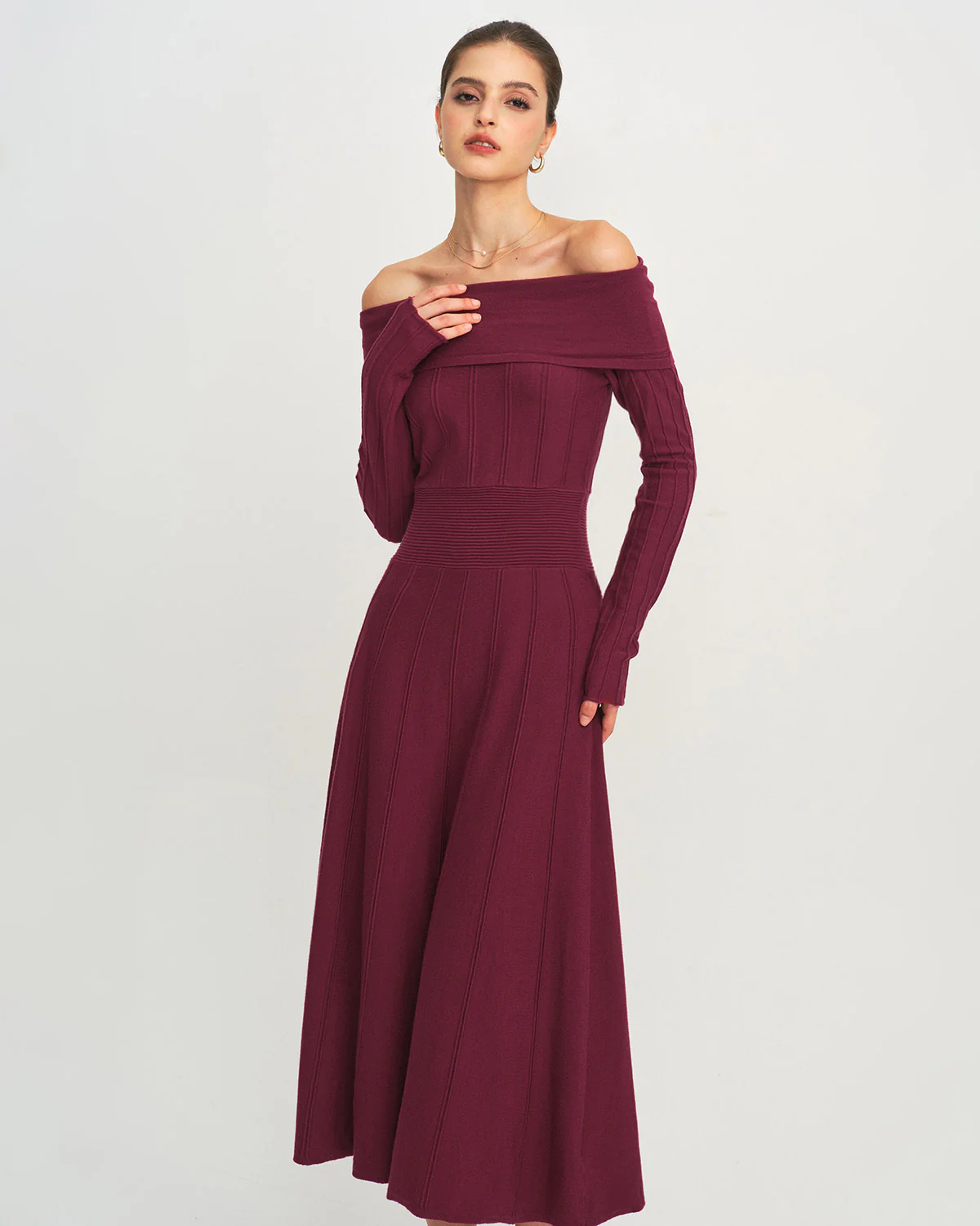 Wine Red Off The Shoulder Sweater Dress - Image 4