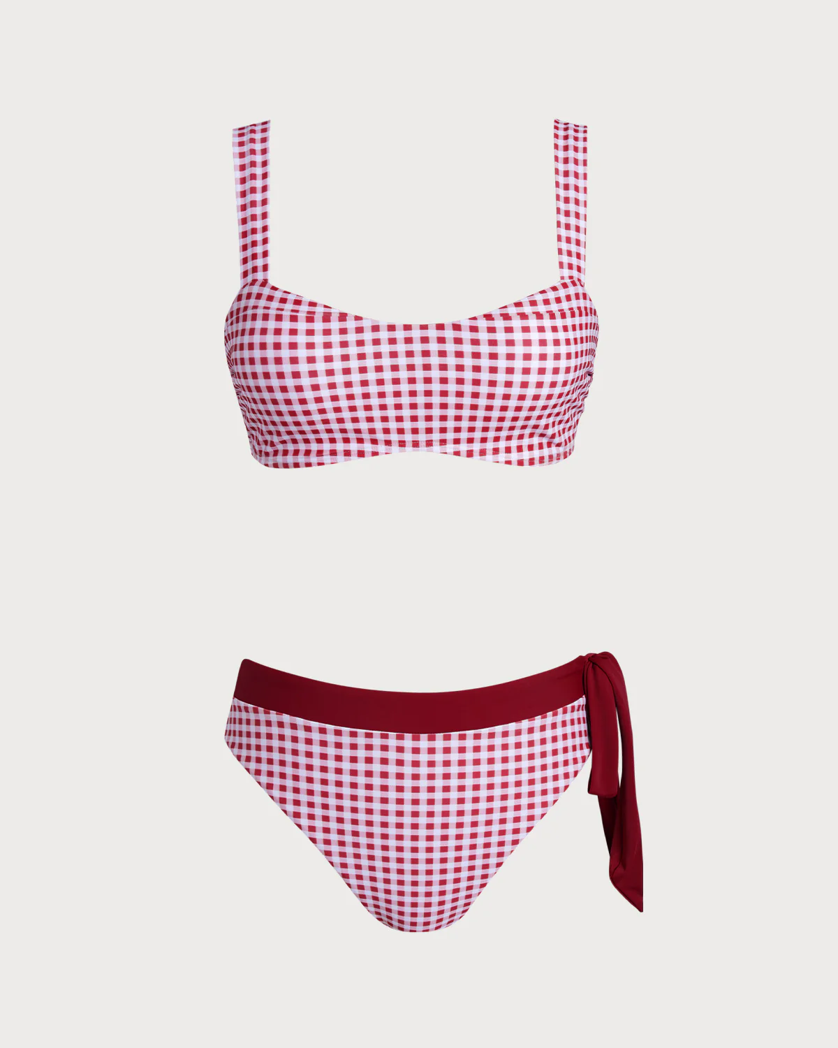 Wine Red Plaid Bandeau Bikini Set - Image 2