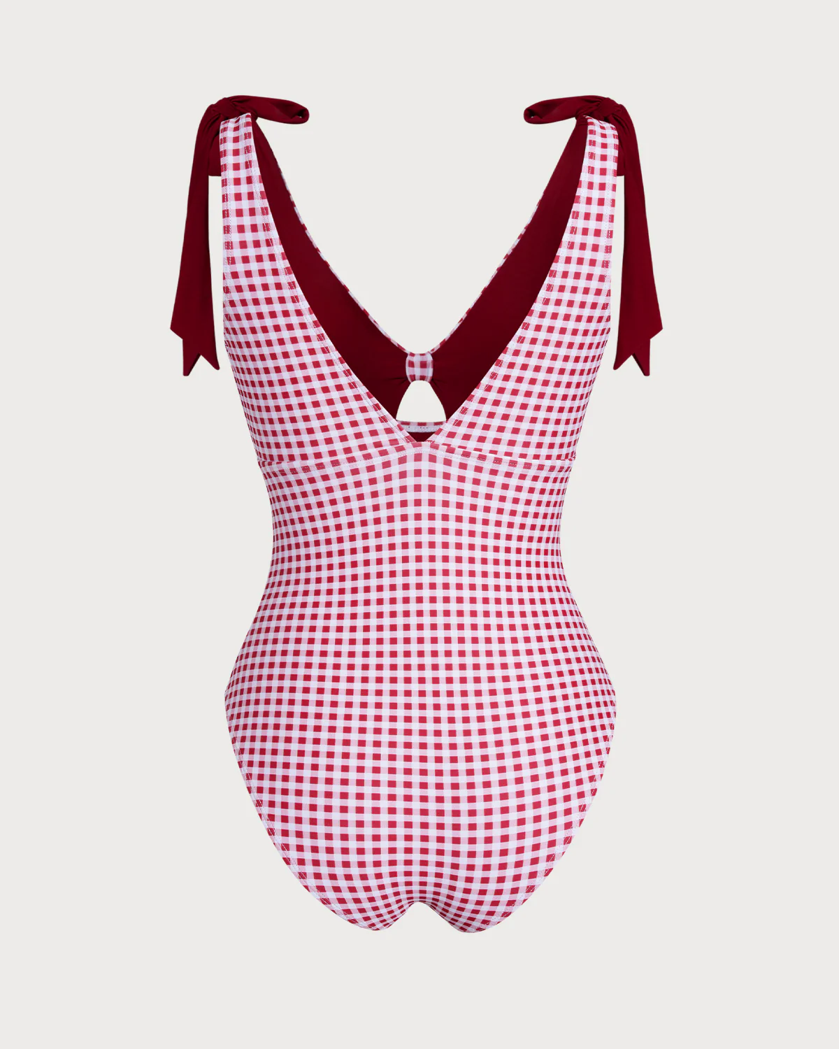 Wine Red Plaid One Piece Swimwear - Image 3
