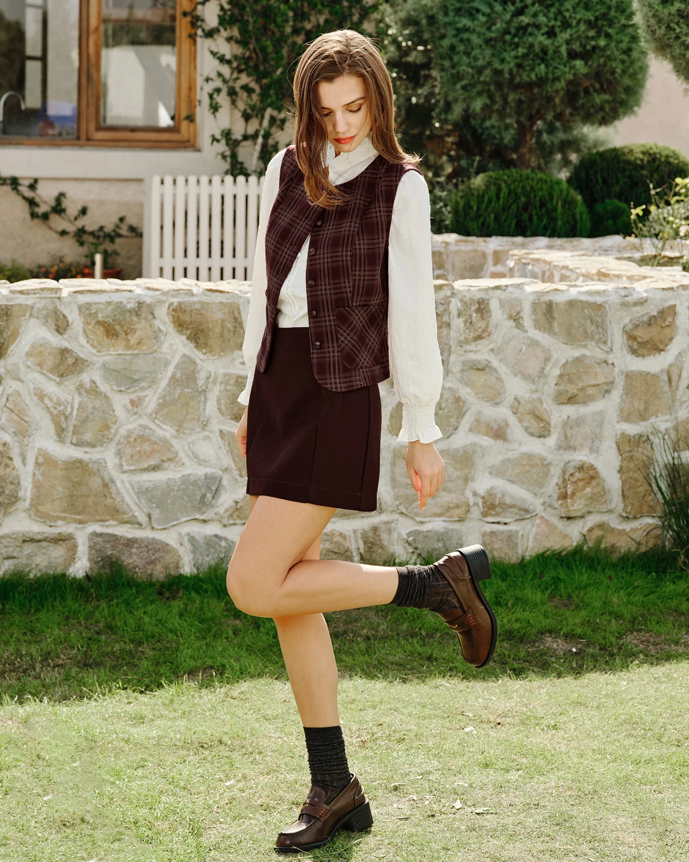 Wine Red Plaid Single Breasted Vest - Image 6